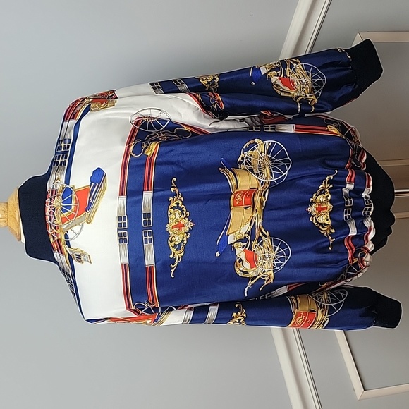 STAGECOACH Print Old Money Reversible Navy Blue Satin Zip Preppy Bomber Jacket - Picture 3 of 9